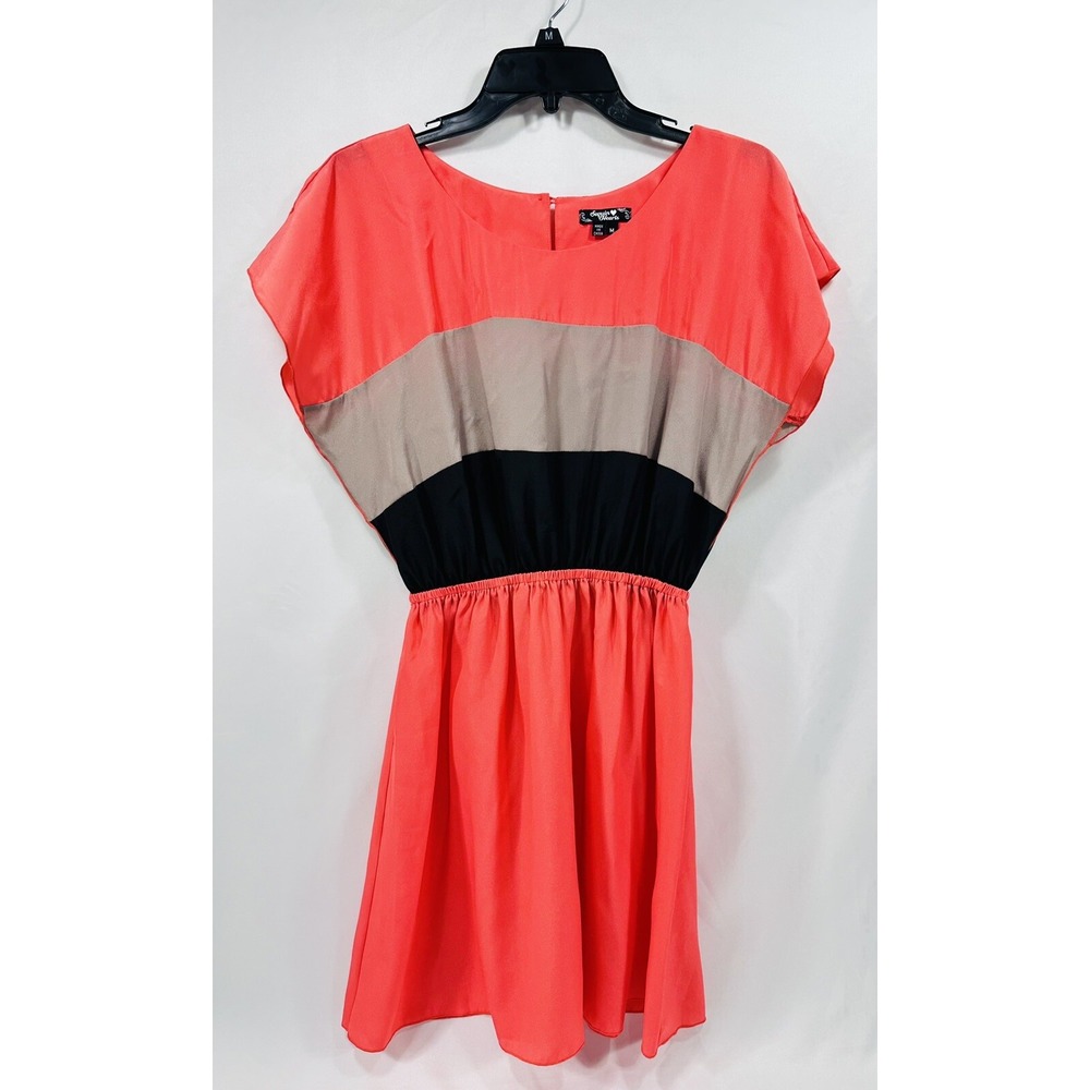 Sequin Hearts Dress Women's Size M Pink Grey Black Flared Sleeve Elastic Button